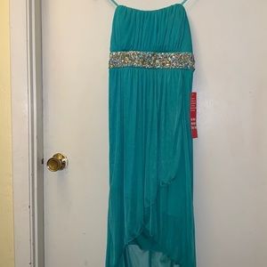 High low dress bluish green dress with beaded belt. Strapless. Size L. NWT.
